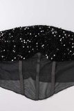 Zwarte sexy patchwork pailletten doorzichtige rugloze strapless mouwloze twee stukken