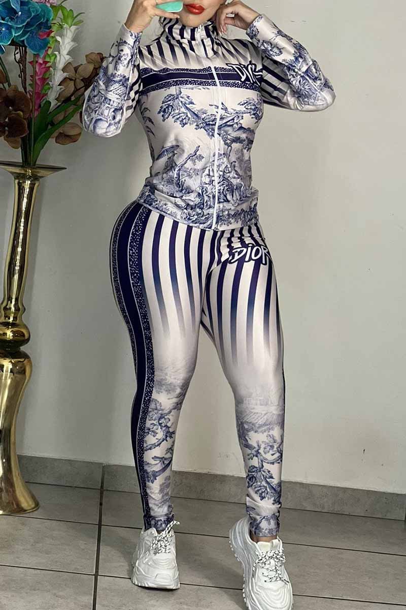 

Blue White Casual Print Letter Zipper Collar Long Sleeve Two Pieces