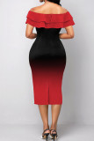 赤いセクシーなグラデーション プリント パッチワーク フラウンス オフショルダー ワンステップ スカート ドレス