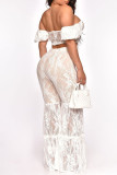 White Sexy Solid Bandage Patchwork See-through Off the Shoulder Short Sleeve Two Pieces
