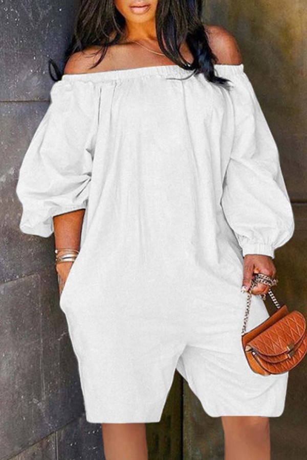 Wit Casual Solid Patchwork Ruglooze off-shoulder normale romper