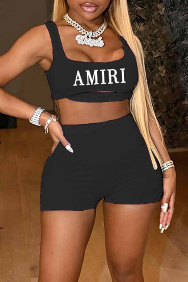 

Black Street Print Letter U Neck Sleeveless Two Pieces