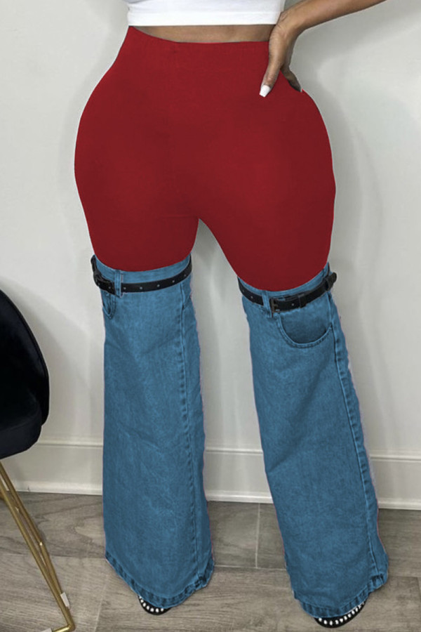Pantalones patchwork casual contraste regular cintura alta patchwork convencional rojo
