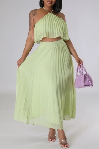 Mint green Casual Solid Bandage Backless Pleated Halter Sleeveless Two Pieces