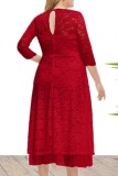 Red Casual Solid Patchwork See-through O Neck A Line Plus Size Dresses