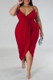 Rose Red Sexig Solid Patchwork Rygglös V-hals Sling Dress Plus Size Klänningar