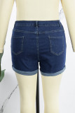 Shorts jeans azul escuro casual patchwork sólido regular cintura alta convencional cor sólida plus size