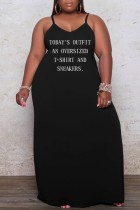 Schwarzes, sexy, lässiges, festes, rückenfreies Spaghetti-Träger-langes Kleid mit Buchstabendruck und Kleidern in Übergröße