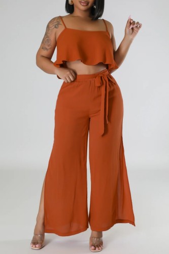 Orange Sexy Casual Solid Backless Spaghetti Strap Sleeveless Two Pieces