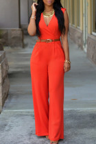 Tangerine Red Casual Solid Patchwork Avec Ceinture V Neck Straight Jumpsuits (Contain The Belt)
