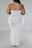 Vestido branco sexy sólido patchwork sem costas com decote em V vestidos plus size
