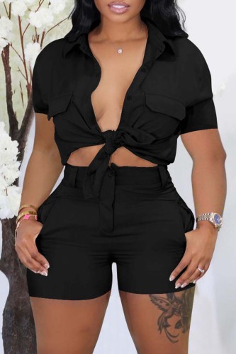 Black Casual Solid Basic Shirt Collar Short Sleeve Two Pieces Front Tie Blouse Top And Short Set