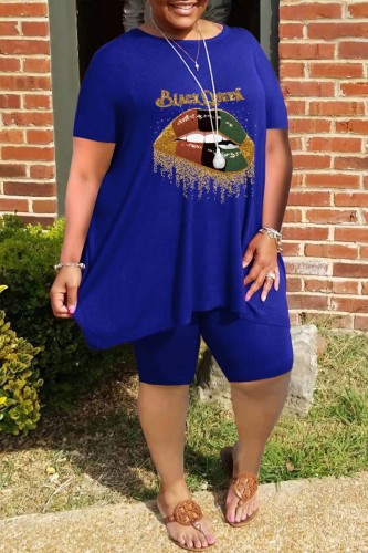Blue Casual Print Basic O Neck Short Sleeve Two Pieces