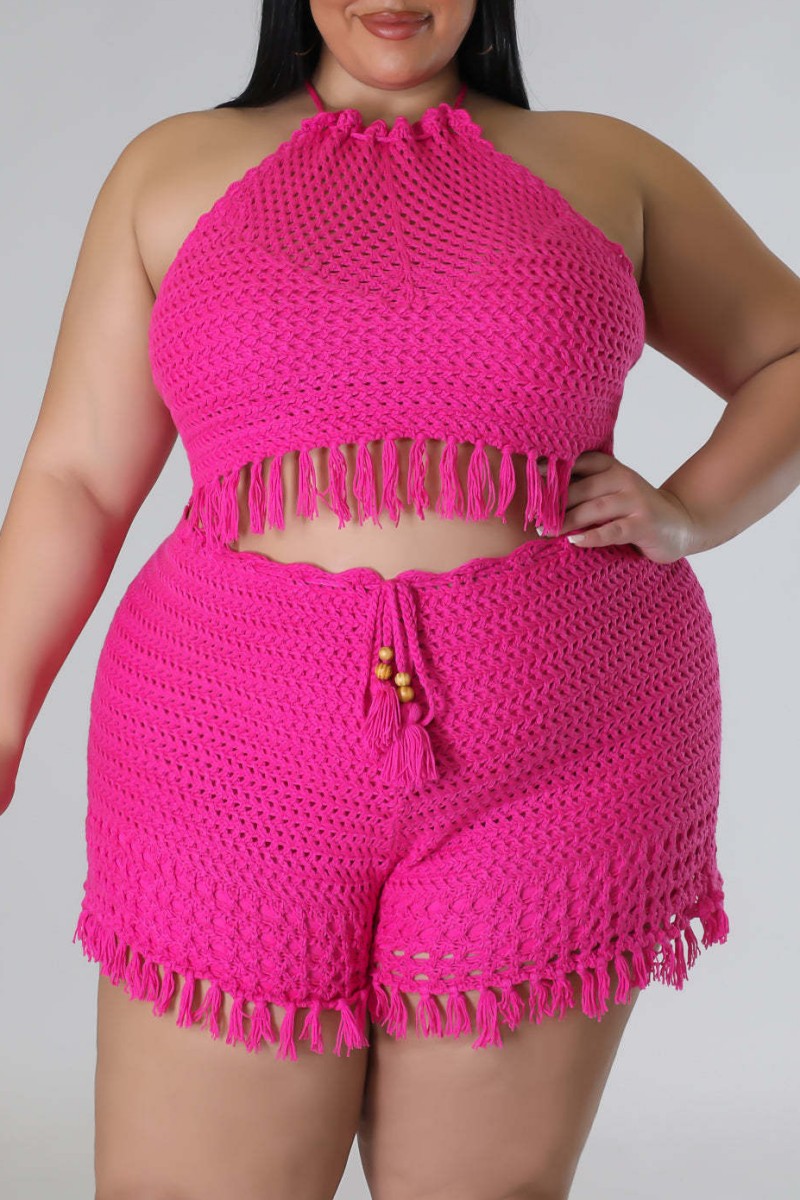 

Rose Red Sexy Solid Tassel Frenulum Halter Plus Size Two Pieces
