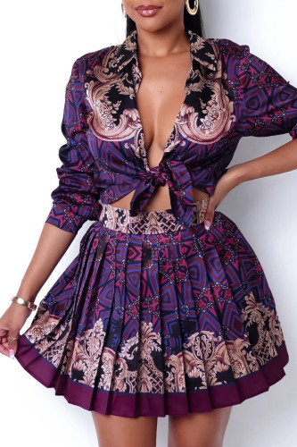 Fuchsia Sweet Print Patchwork Turndown Collar Long Sleeve Two Pieces