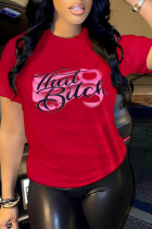 Camisetas con cuello en O de patchwork con estampado de calle sexy rojo