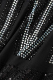 Svarta sexiga solida paljetter Patchwork Genomskinlig slits Hot Drill Spaghetti Strap Långa klänningar