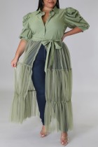 グリーン カジュアル プラス サイズ ソリッド パッチワーク シャツ カラー シャツ ドレス