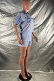 Blue Casual Striped Patchwork Turndown Collar Short Sleeve Two Pieces