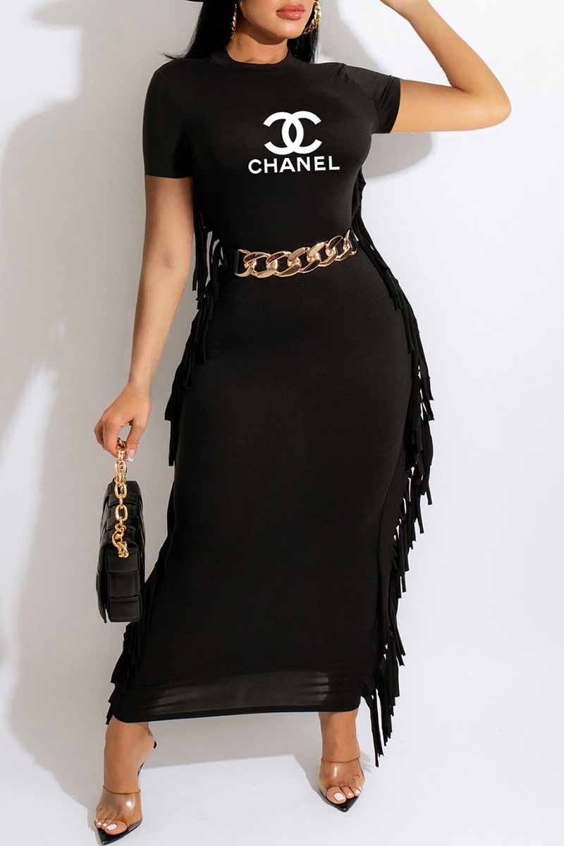 

Black Casual Print Tassel Letter O Neck One Step Skirt Dresses