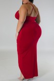 Rose Red Sexy Solid Patchwork Backless V-hals Sling-jurk Grote maten jurken