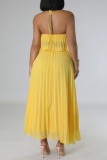 Yellow Casual Solid Bandage Backless Pleated Halter Sleeveless Two Pieces