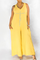Yellow Casual Solid Patchwork Hot Drill V Neck Straight Jumpsuits