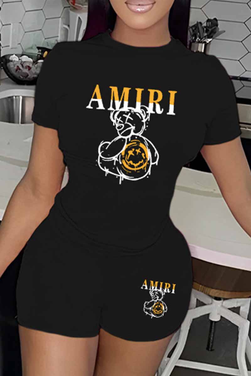 

Black Casual Print Letter O Neck Short Sleeve Two Pieces