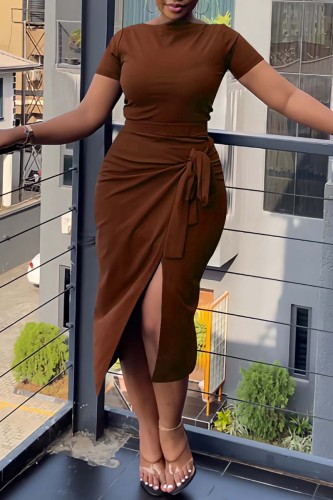 Brown Casual Solid Bandage Slit O Neck Short Sleeve Two Pieces