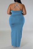 Синее сексуальное однотонное лоскутное платье с открытой спиной и V-образным вырезом Платья больших размеров