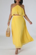 Yellow Casual Solid Bandage Backless Pleated Halter Sleeveless Two Pieces