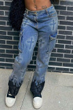Jeans jeans azul bebê casual com estampa de rua patchwork cintura média