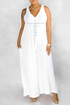 White Casual Solid Patchwork Hot Drill V Neck Straight Jumpsuits