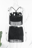 Черный сексуальный повседневный однотонный пэчворк с кисточками и открытой спиной на тонких бретелях без рукавов из двух частей