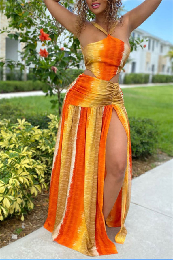 Orange Sexy Casual Vacation Gradual Change Print Slit Printing Halter Imprimé Robe Robes