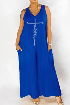 Blue Casual Solid Patchwork Hot Drill V Neck Straight Jumpsuits
