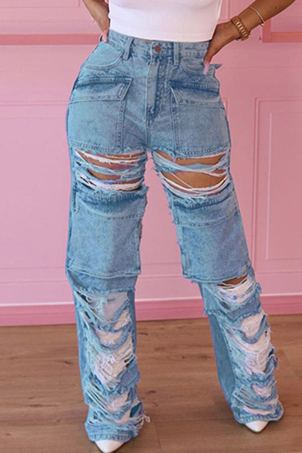 Blue Street Solid Ripped Make Old Patchwork Denim Jeans med hög midja
