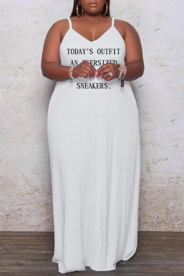Vestido largo blanco sexy casual con estampado de letras y tirantes finos sin espalda, vestidos de talla grande