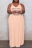 Brown Sexy Casual Letter Print Solid Backless Spaghetti Strap Long Dress Plus Size Dresses