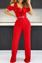 Red Casual Solid Patchwork V Neck Regular Jumpsuits