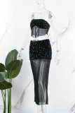 Black Sexy Patchwork Sequins See-through Backless Strapless Sleeveless Two Pieces