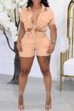Khaki Casual Solid Basic Shirt Collar Short Sleeve Two Pieces Front Tie Blouse Top And Short Set
