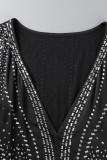 Falda de lápiz con cuello en V y taladro en caliente con plumas transparentes de patchwork sólido sexy Vestidos negros