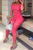 Rose Red Sexy Solid Mesh V-Ausschnitt Skinny Jumpsuits