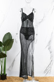 Noir Sexy solide paillettes Patchwork transparent fente perceuse chaude Spaghetti sangle longue robe robes