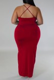 Rose Red Sexy Solid Patchwork Backless V-Ausschnitt Sling Dress Plus Size Kleider