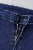 Diepblauw Casual Effen Patchwork Normaal Hoge Taille Conventionele Effen Kleur Plus Size Denim Shorts