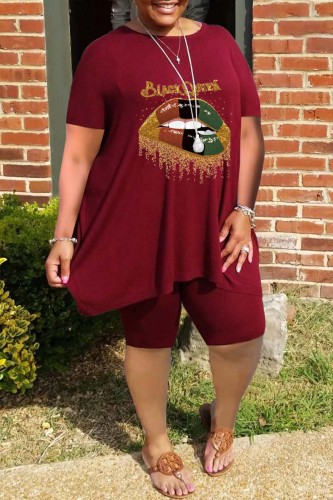 Burgundy Casual Print Basic O Neck Short Sleeve Two Pieces