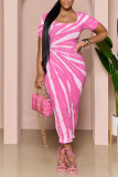 Vestidos de falda de un paso con cuello en U de patchwork con estampado sexy rosa