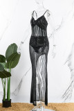 Noir Sexy solide paillettes Patchwork transparent fente perceuse chaude Spaghetti sangle longue robe robes